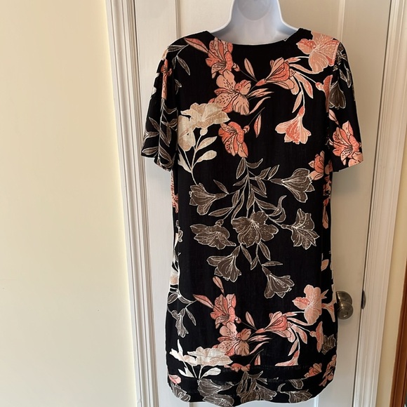 Linen Blend V Neck Dress Black Peach Tropic Floral Print Sz Medium Light Beachy - Picture 6 of 17